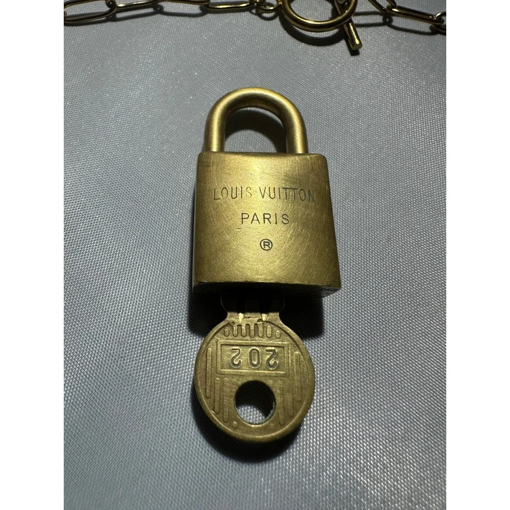 Louis Vuitton Brass Padlock 202 and Key with Gold Tone Paperclip Chain Necklace